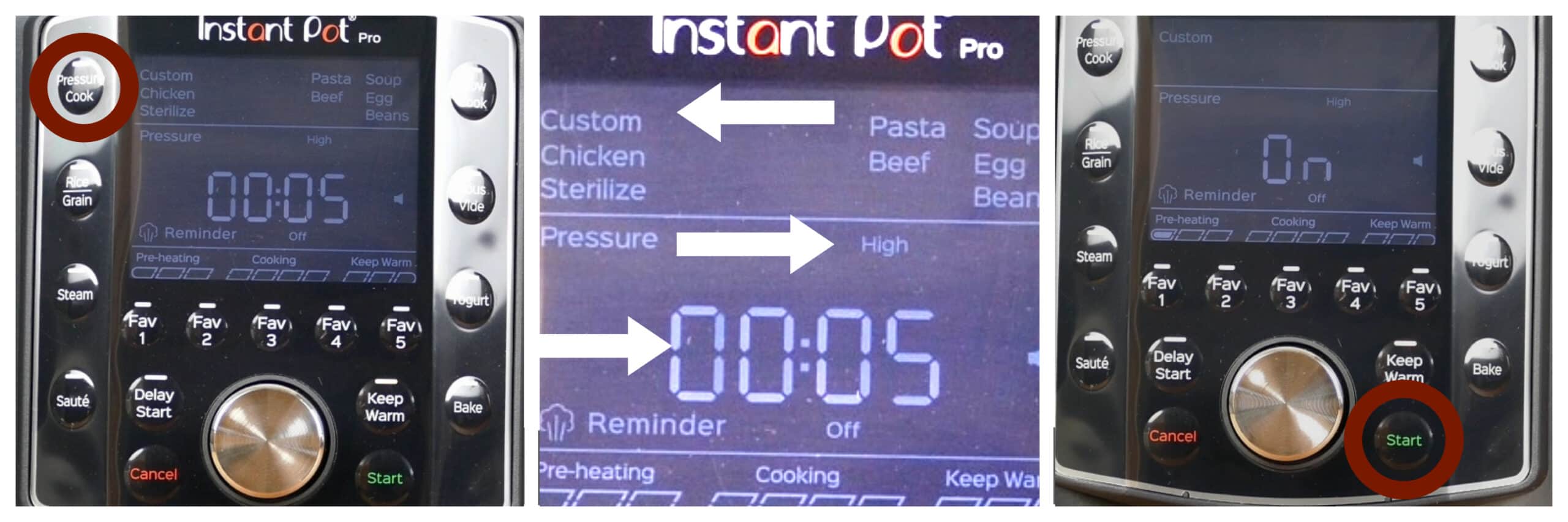 instant pot water test instructions collage - pressure cook button, custom/high pressure/0005 time, start button