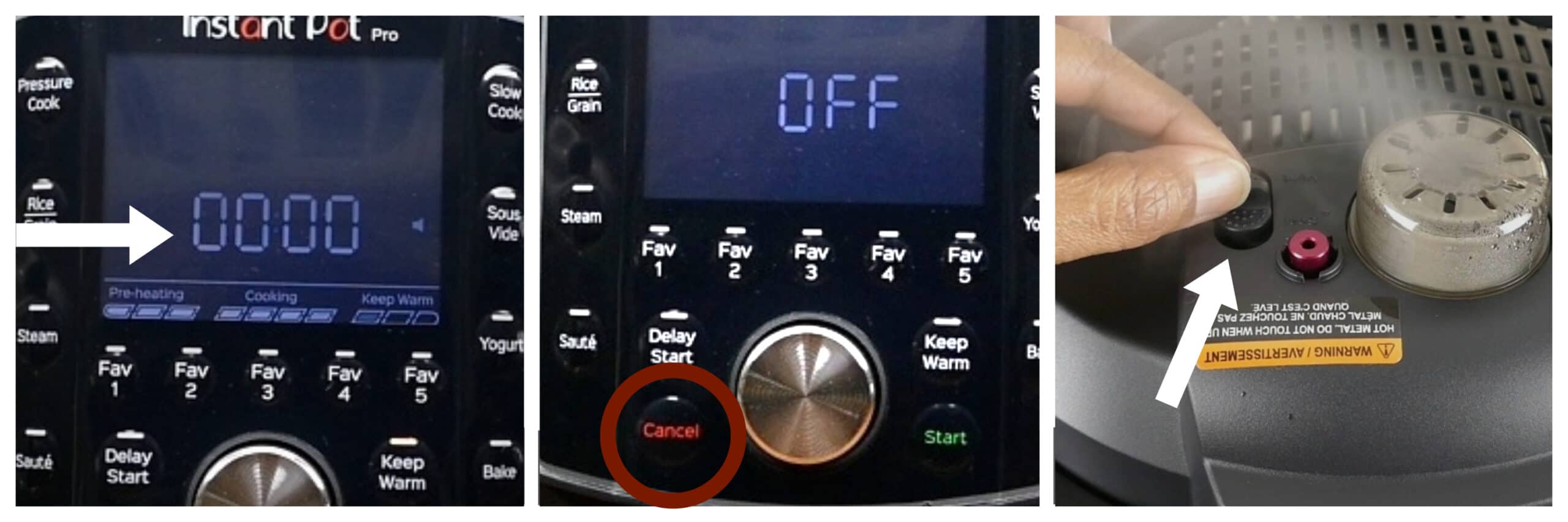 instant pot water test instructions collage - display goes to 0000, press cancel, release pressure with switch