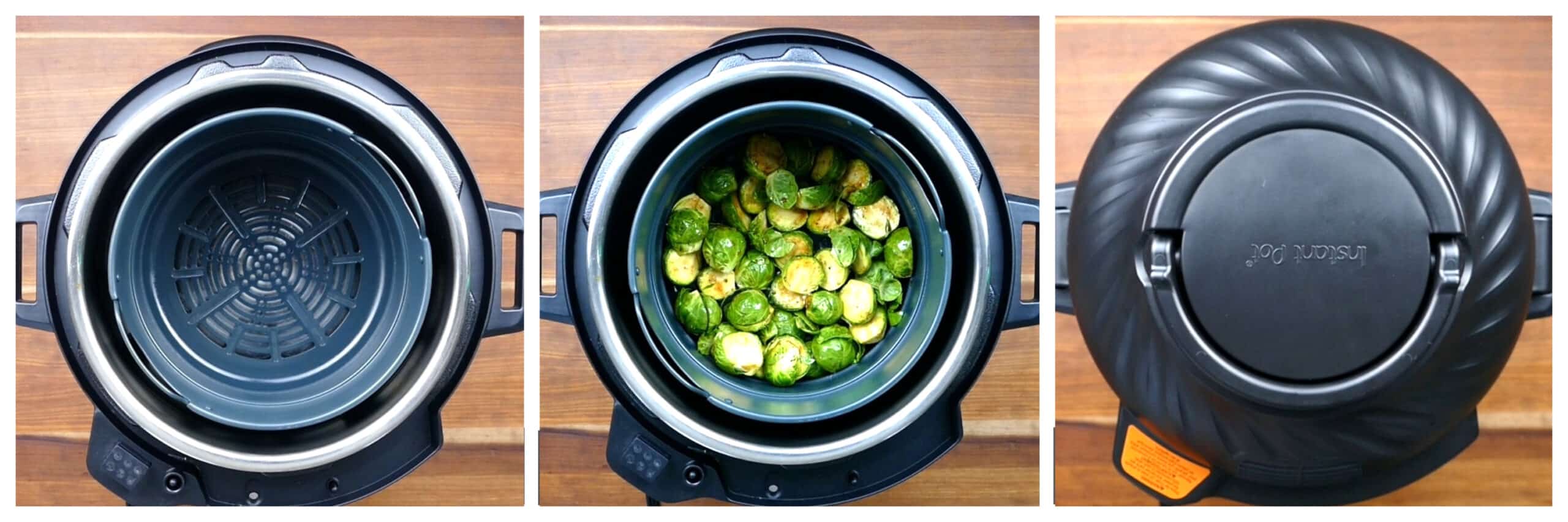 Air fryer brussel sprouts collage - empty basket, brussel sprouts in basket, air fryer lid is on