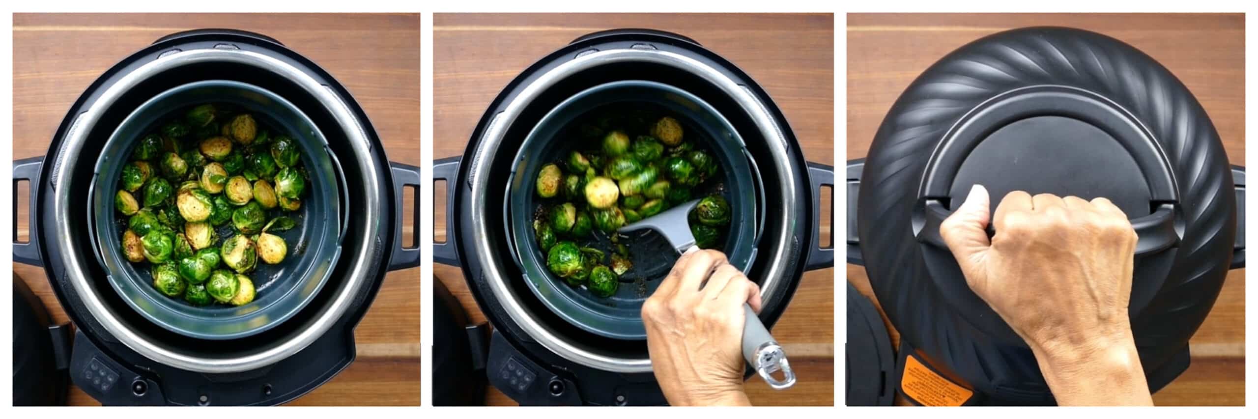 Air fryer brussel sprouts collage - brussel sprouts in basket, being stirred, air fryer lid placed back on