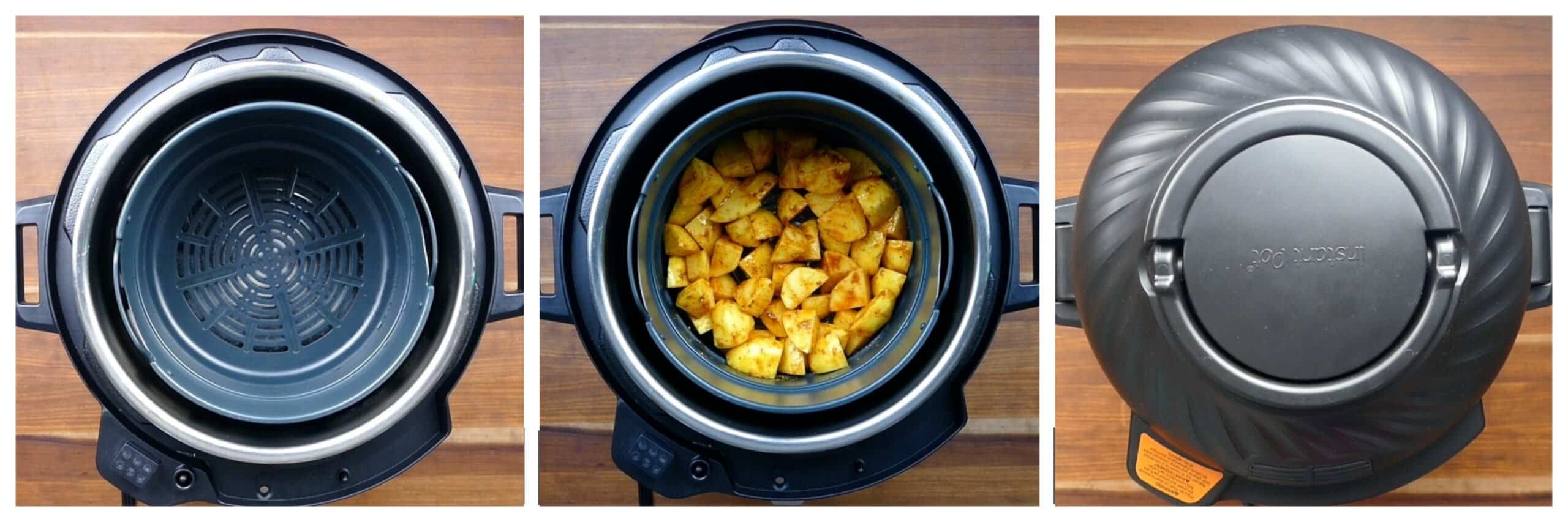 Air fryer potatoes instructions collage - oiled basket, potatoes in basket, air fryer lid on
