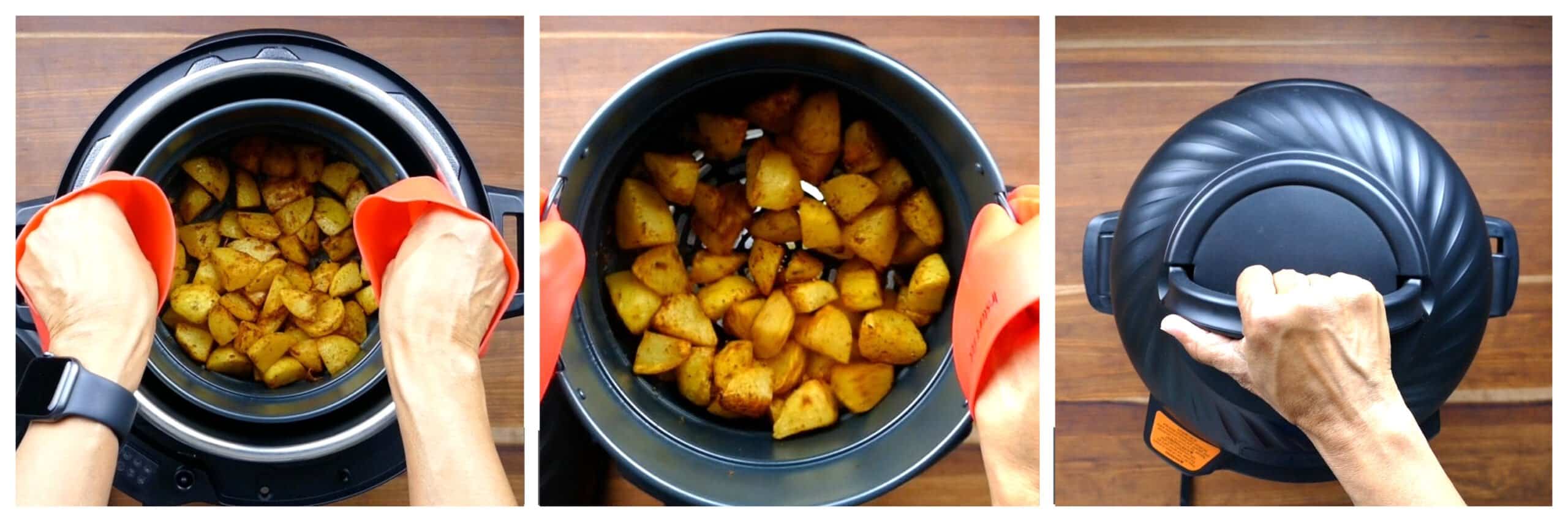 Air fryer potatoes instructions collage - lift basket and shake the potatoes, close lid