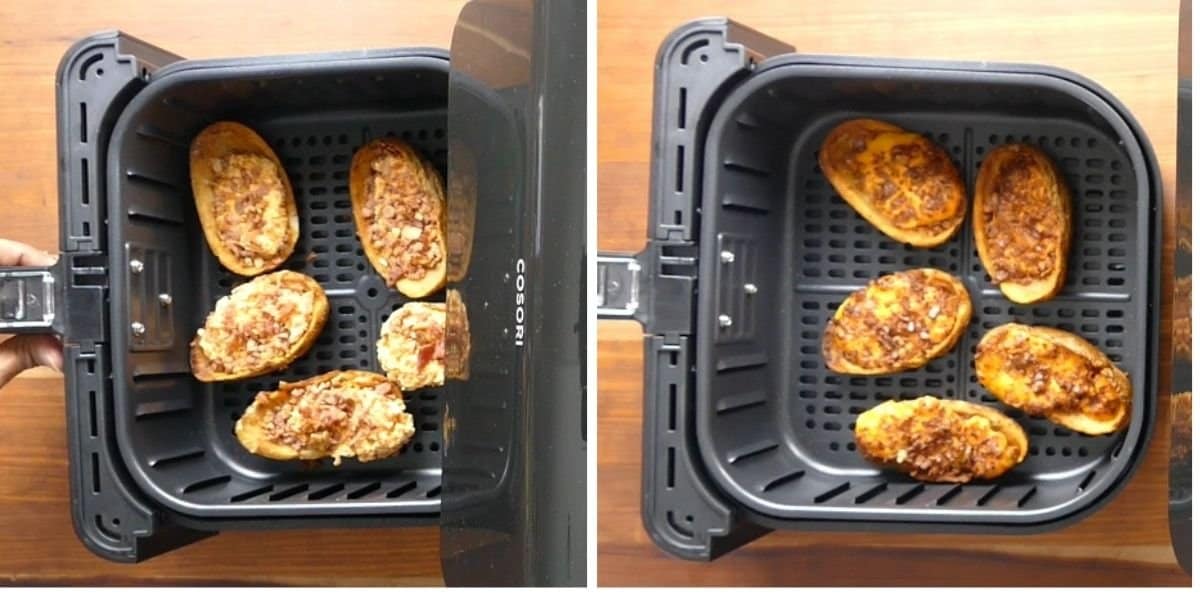 collage - frozen potato skins in air fryer basket, cooked potato skins in air fryer basket - Paint the Kitchen Red