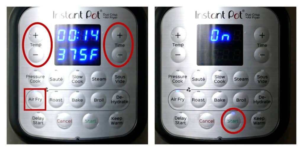Instant Pot Duo Crisp collage - temp, time and air fry circled with 00:14 and 375F, On on display with Start circled