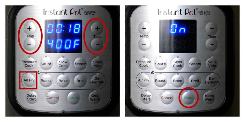 Instant Pot Duo Crisp collage - temp, time and air fry circled with 00:18 and 400F, On on display with Start circled