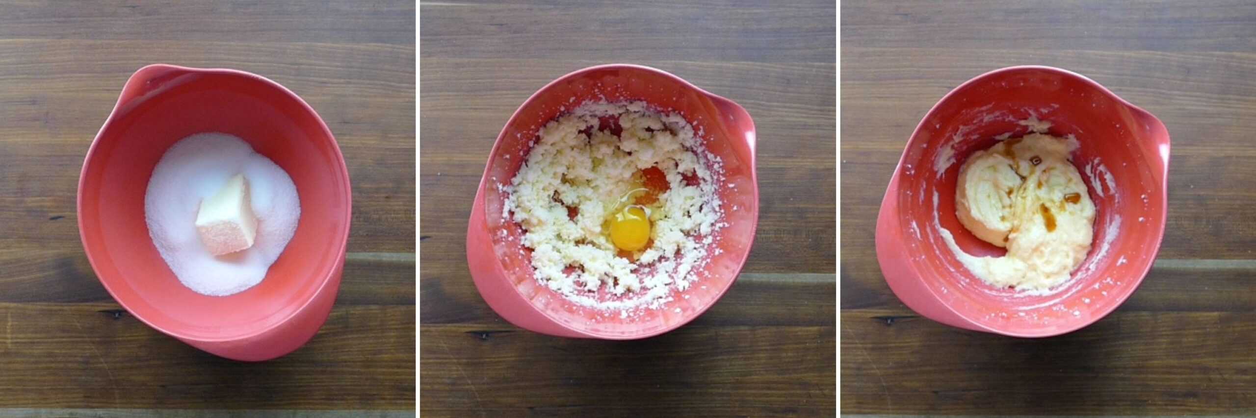 collage of butter and flour, egg added to batter, vanilla added to batter.