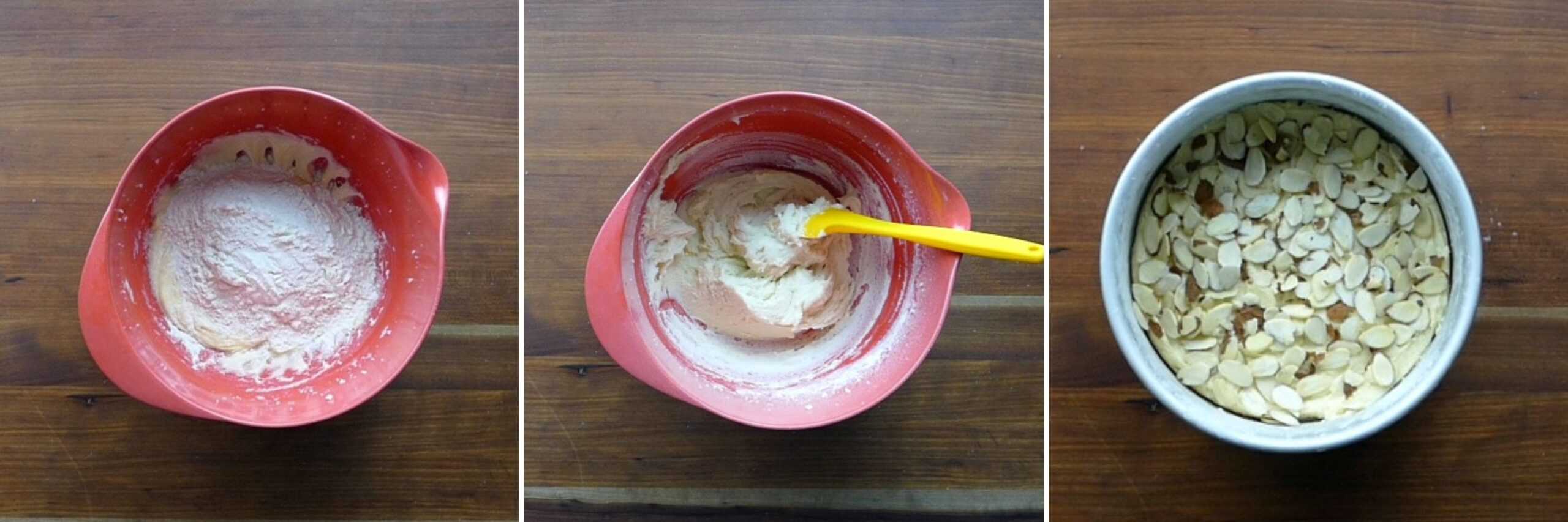 collage of flour added to batter, batter mixed with yellow spatula, batter in cake pan topped with almonds