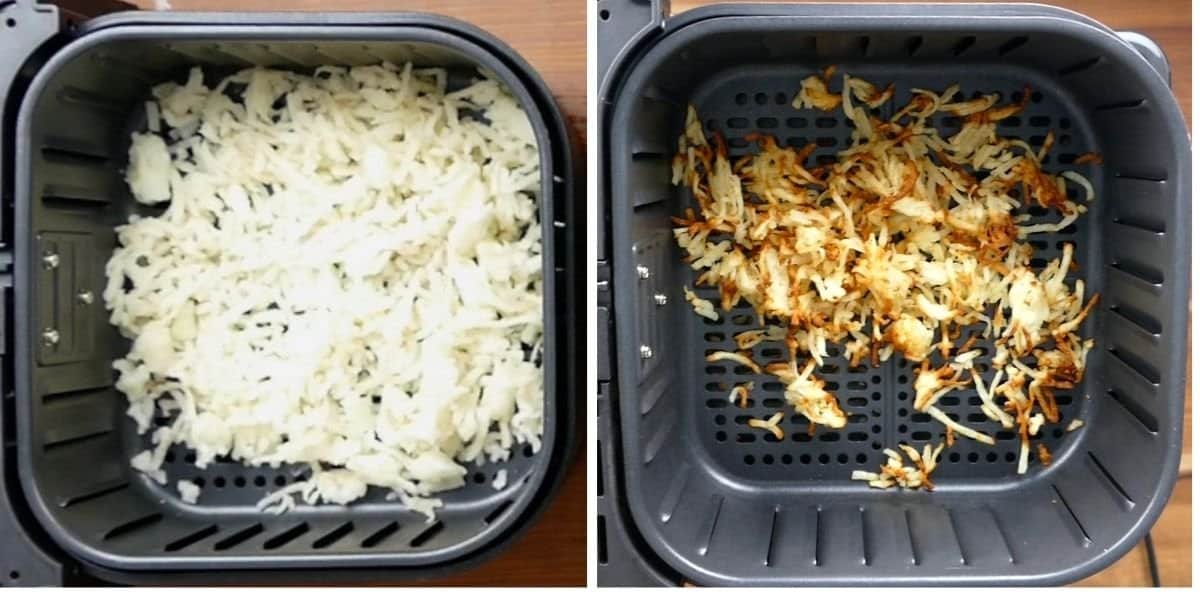 collage - frozen hash browns in air fryer basket, cooked hash browns in air fryer basket - Paint the Kitchen Red