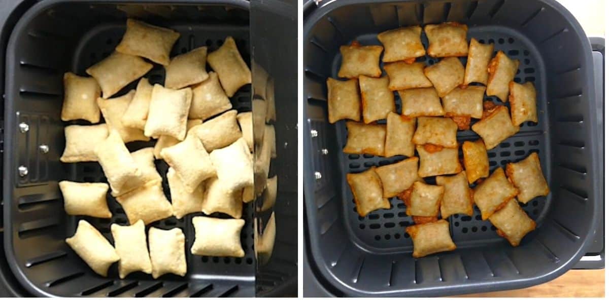 collage - frozen pizza rolls in air fryer basket, cooked pizza rolls in air fryer basket - Paint the Kitchen Red