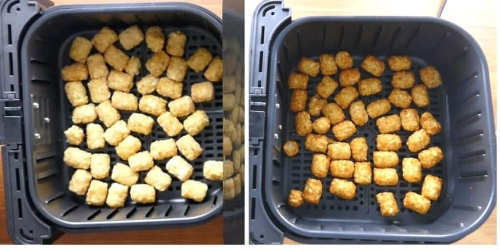 frozen tater tots, cooked tater tots in air fryer basket