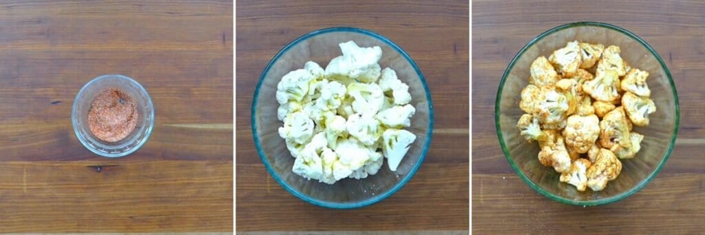 Air fryer cauliflower collage - spices, cauliflower in bowl, spiced cauliflower in bowl