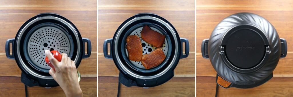 Air fryer pork chops collage - rack being sprayed, three pork chops on rack, air fryer lid on