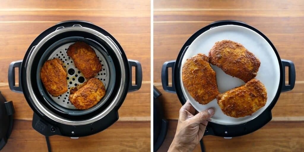 Air fryer pork chops collage - 3 pork chops cooked in basket, 3 pork chops on a plate