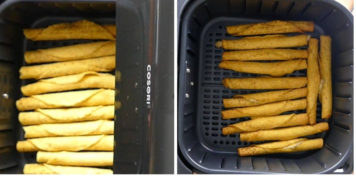 collage - frozen taquitos in air fryer basket, cooked taquitos in air fryer basket - Paint the Kitchen Red