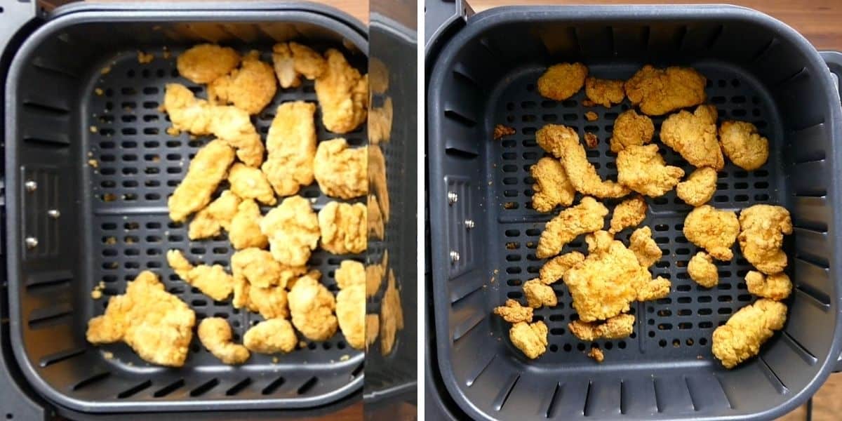 air fryer basket with frozen popcorn chicken , air fryer basket with cooked popcorn chicken