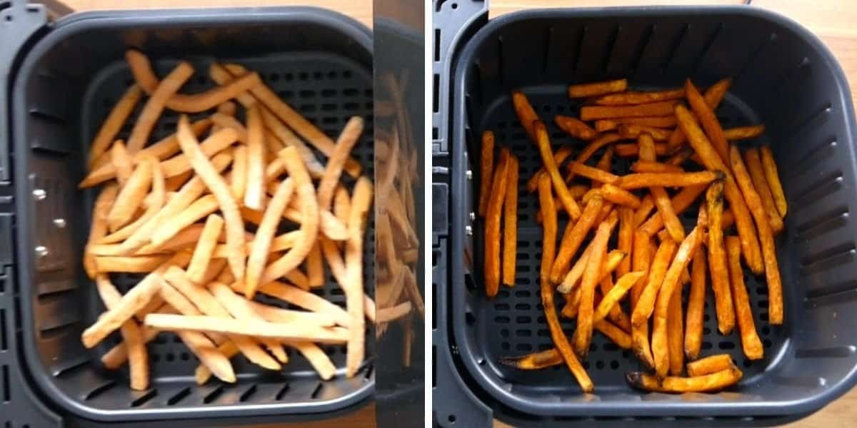 air fryer basket with frozen sweet potato fries, air fryer basket with cooked sweet potato fries