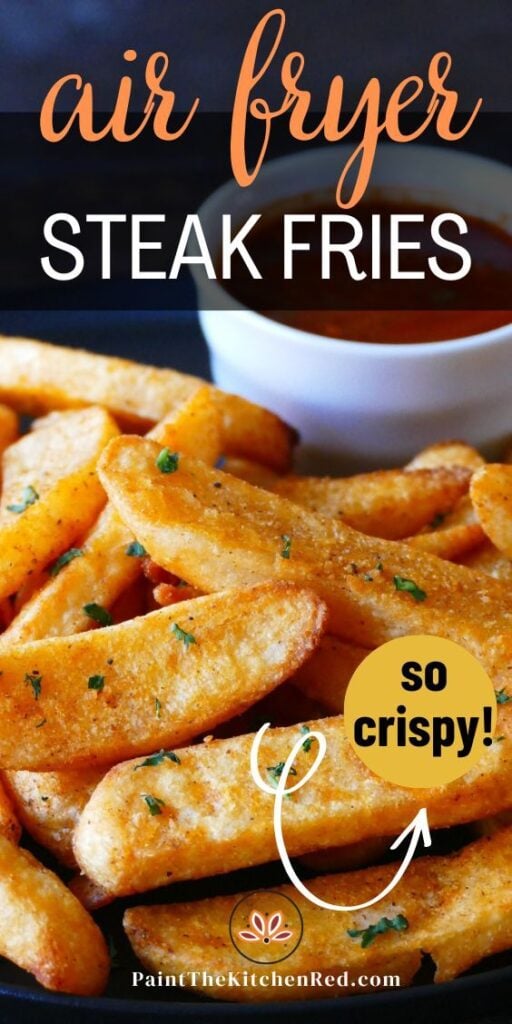 golden steak fries with ketchup and text "air fryer steak fries"