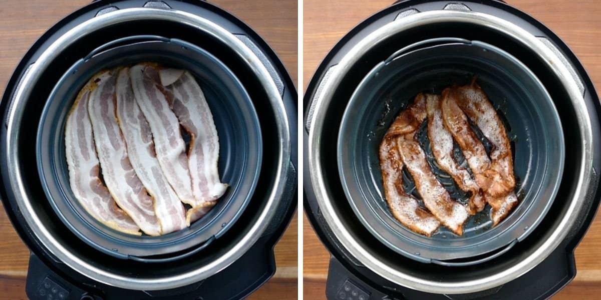 air fryer basket with uncooked bacon, air fryer basket with cooked bacon