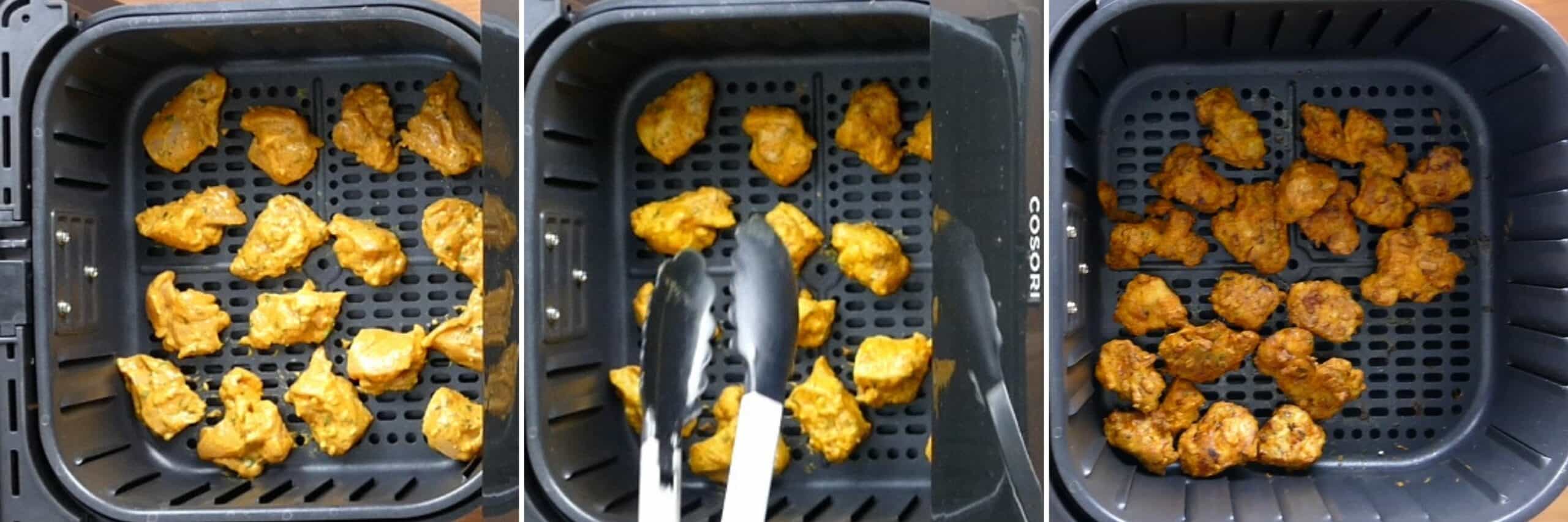 Air fryer chicken 65 instructions collage - marinated chicken in air fryer basket, chicken being turned, cooked chicken in basket