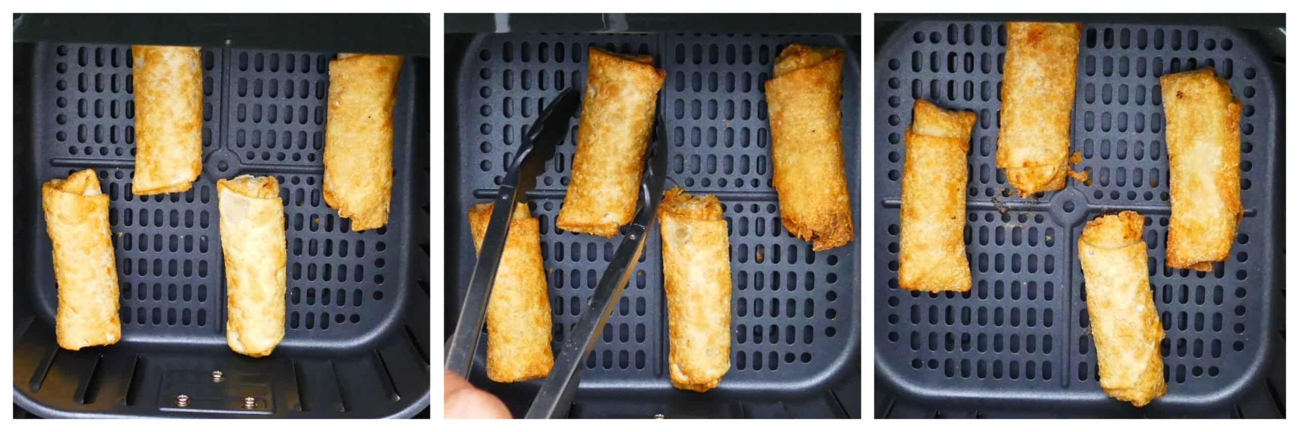 Air Fryer Frozen Egg Rolls collage - uncooked egg rolls in basket, being turned with tongs, cooked egg rolls
