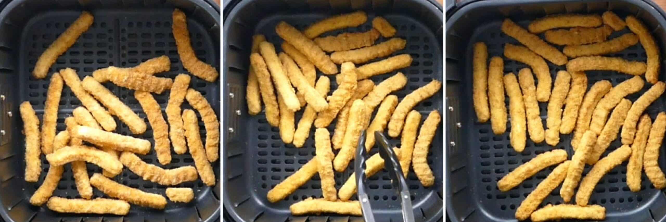Air fryer chicken fries collage - frozen chicken fries in air fryer, being turned with tongs, cooked chicken fries
