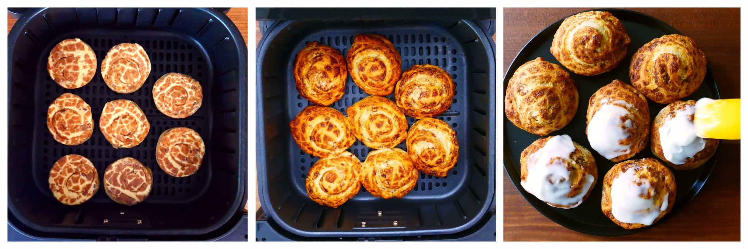Air fryer cinnamon rolls refrigerated in basket, cooked, iced