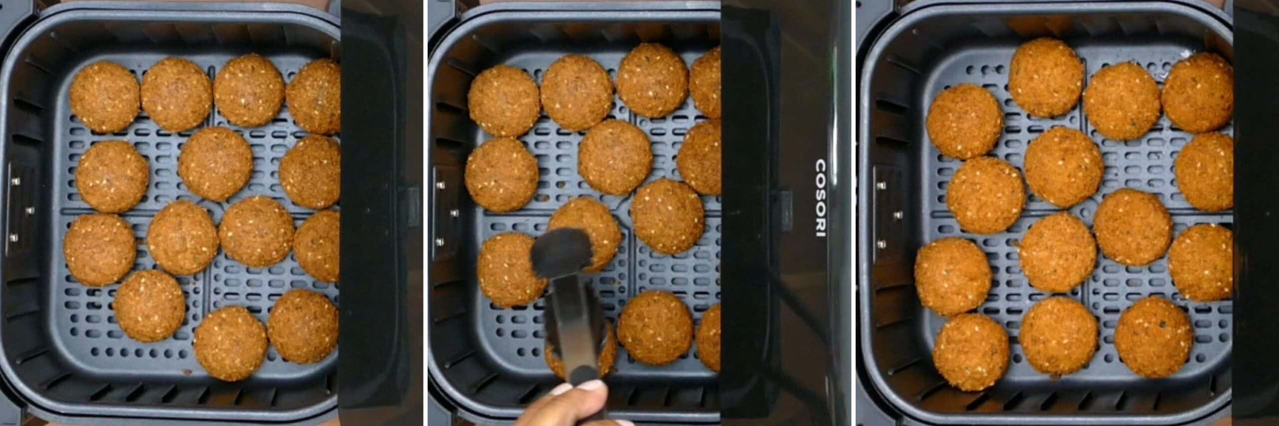 Air fryer falafel collage - uncooked, being turned, cooked falafels