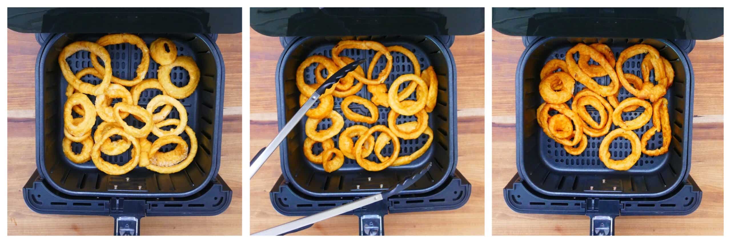 Air fryer onions rings instructions collage - frozen, being turned with tongs, cooked - in air fryer basket
