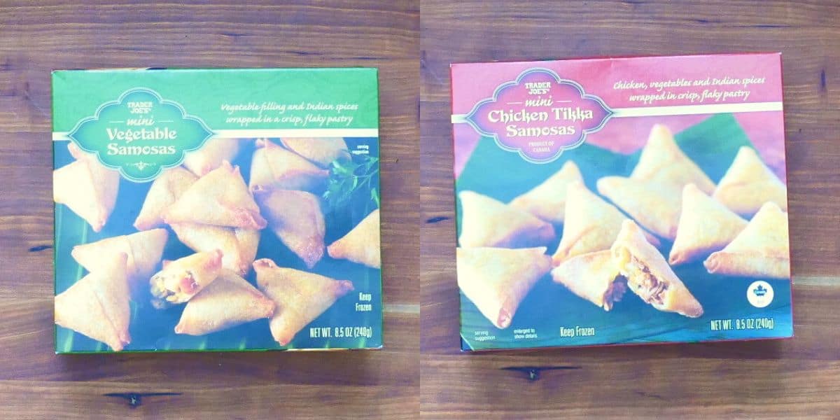 Air fryer samosas collage with Trader Joe's vegetable samosas and chicken tikka samosas