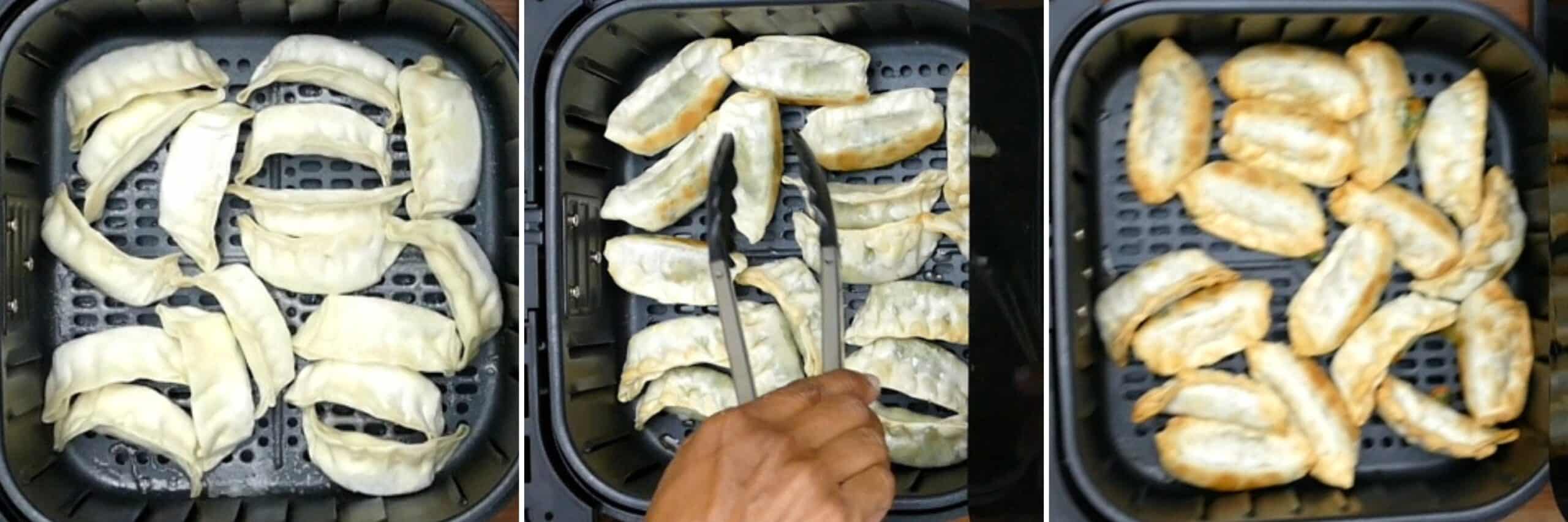 Air fryer trader joe's gyoza collage - frozen gyoza in air fryer, being turned with tongs, cooked gyoza