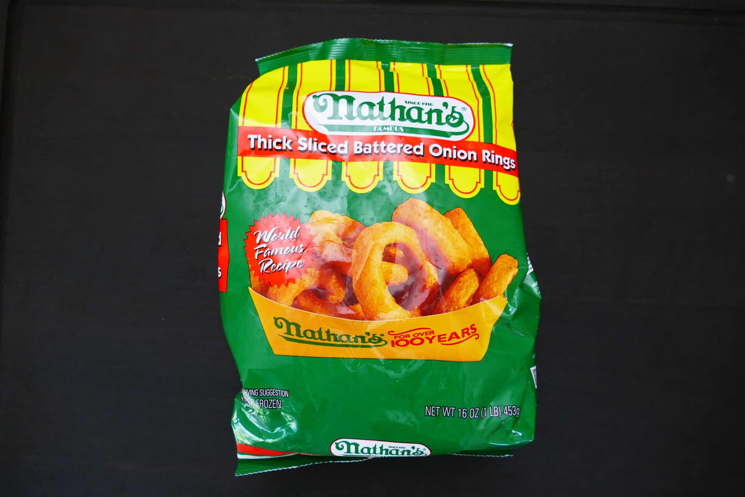 Bag of Nathan's thick sliced battered onion rings 16 oz.