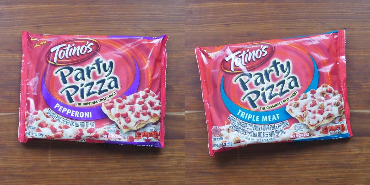 Two packets of totino's party pizza pepperoni and triple meat