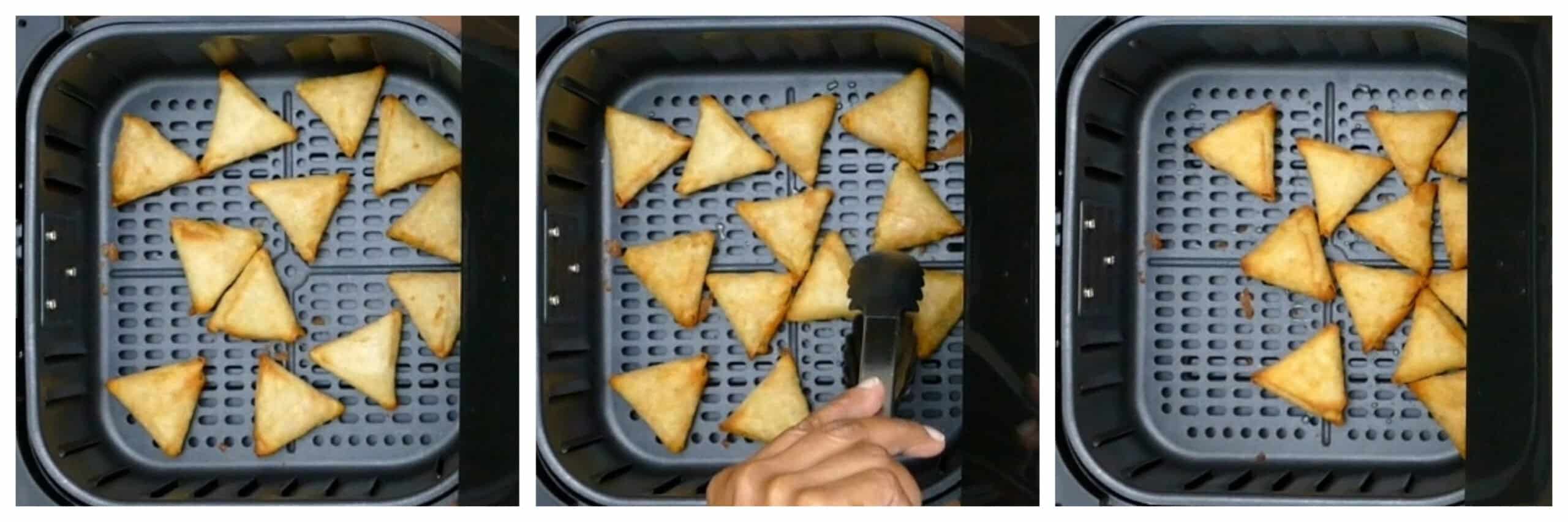 Air fryer samosas collage - uncooked, being turned, cooked samosas