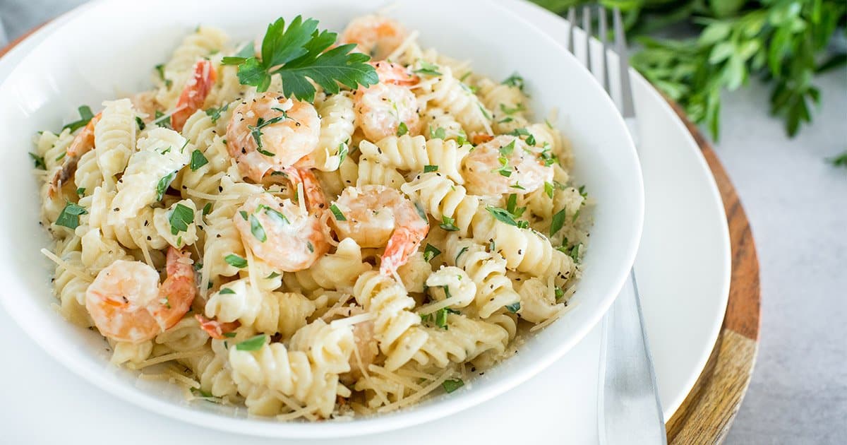 Rotini with creamy sauce and shrimp