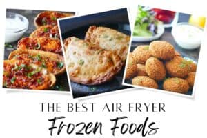 Four images of frozen foods cooked - the best air fryer frozen foods