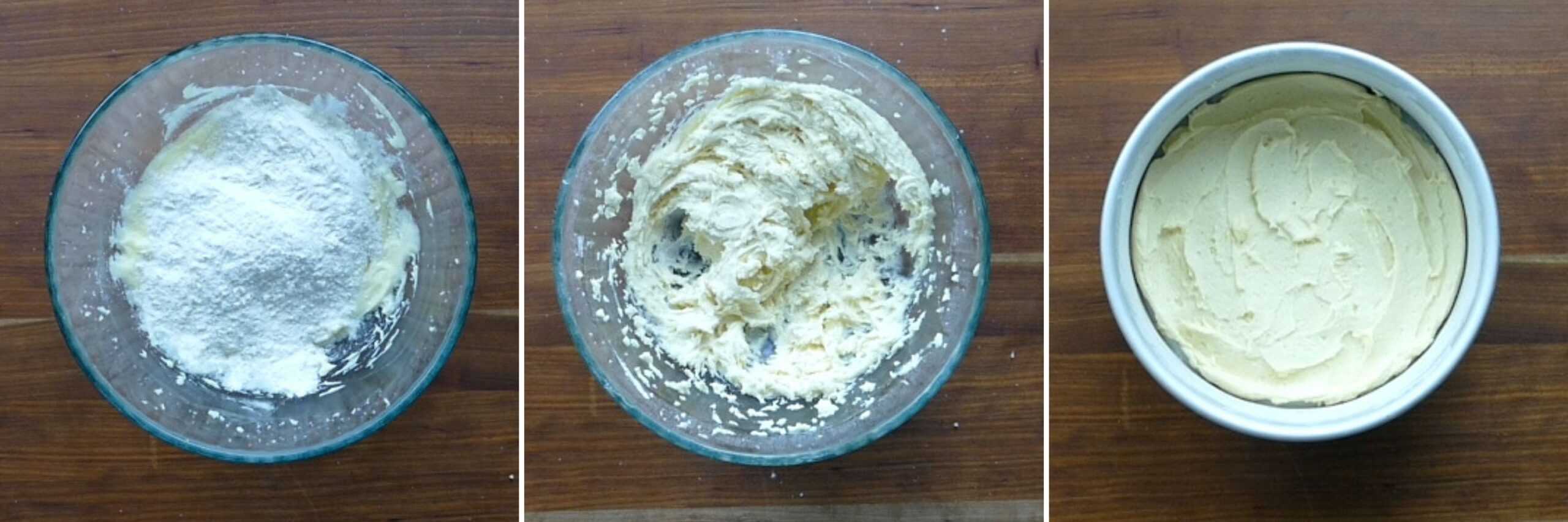 air fryer pear tart collage - flour on batter, mixed batter, batter in baking pan