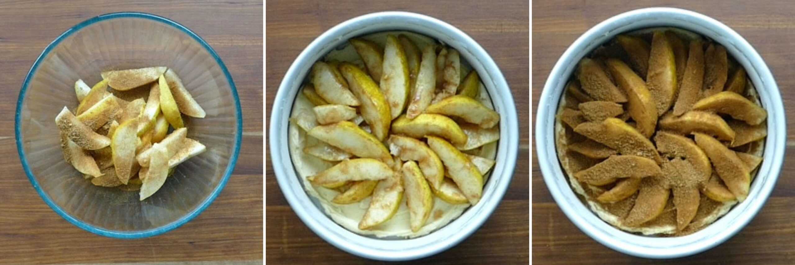 air fryer pear tart collage - pear slices with spices, pears arranged in pan, spices on pears