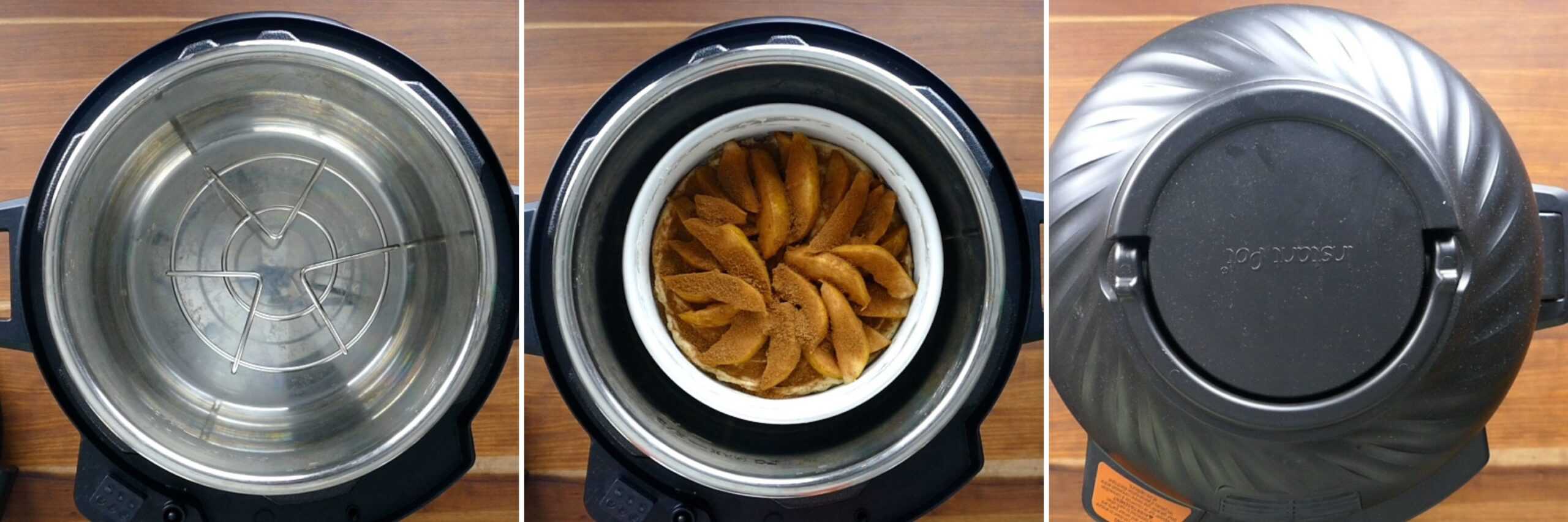 air fryer pear tart collage - trivet in instant pot, uncooked tart, lid on