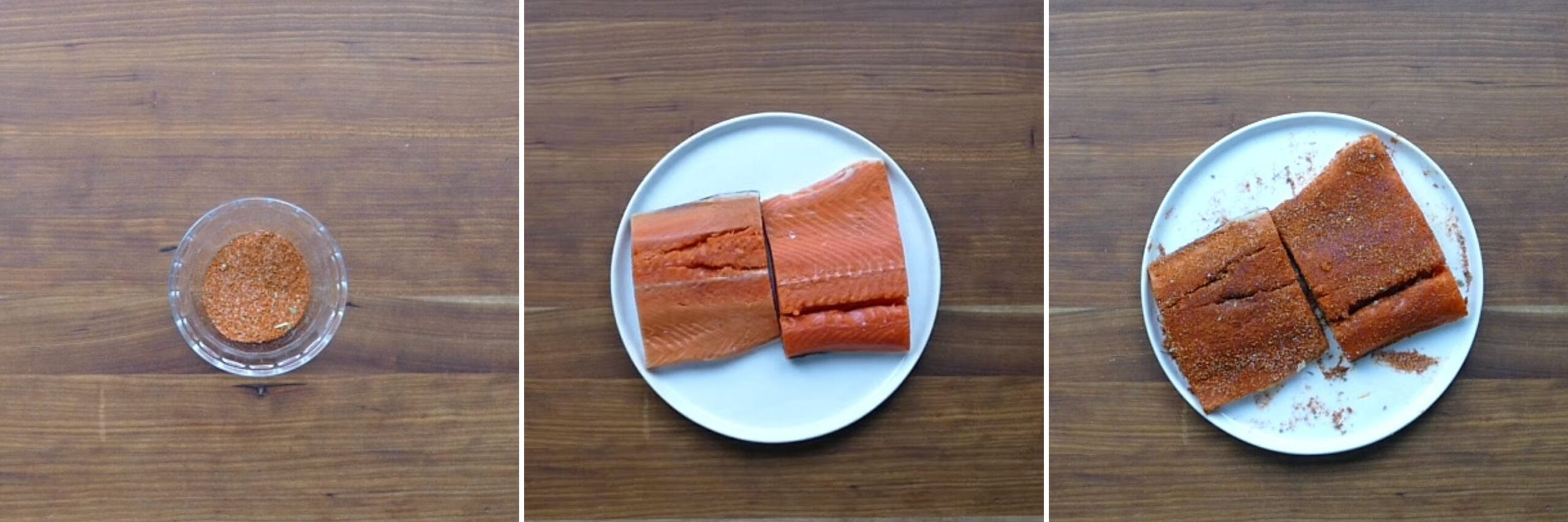 air fryer salmon instruction collage - spices in bowl, salmon on plate, salmon with spice