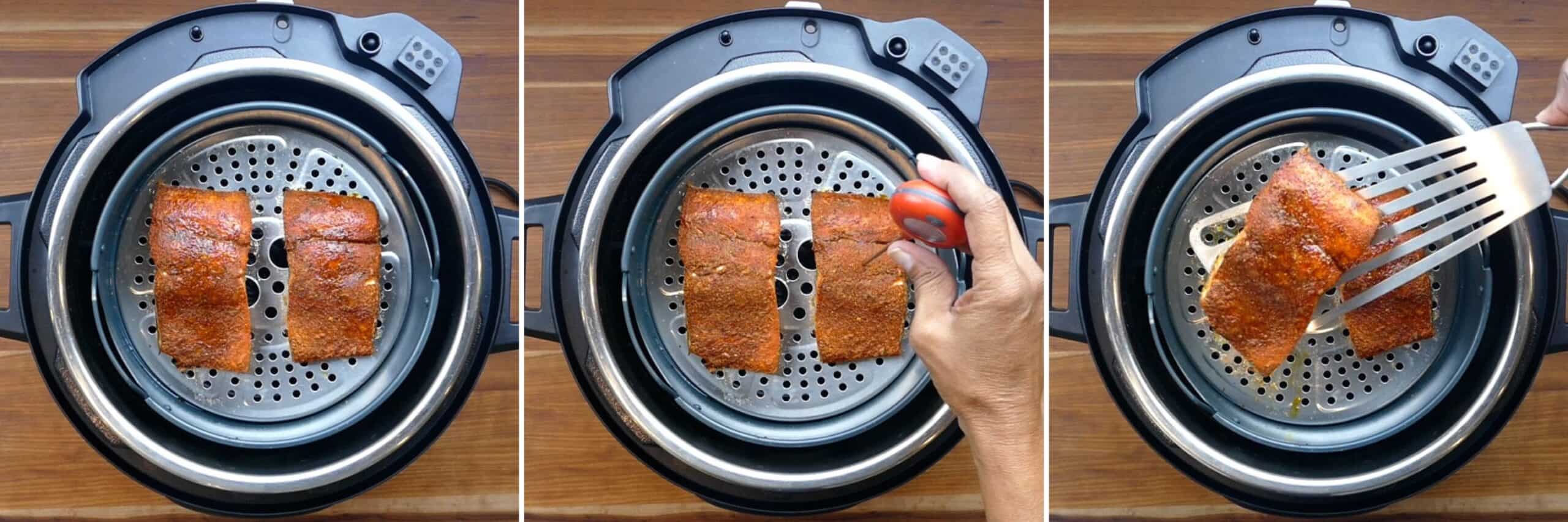 air fryer salmon instruction collage - cooked salmon, take temperature, remove with fish spatula