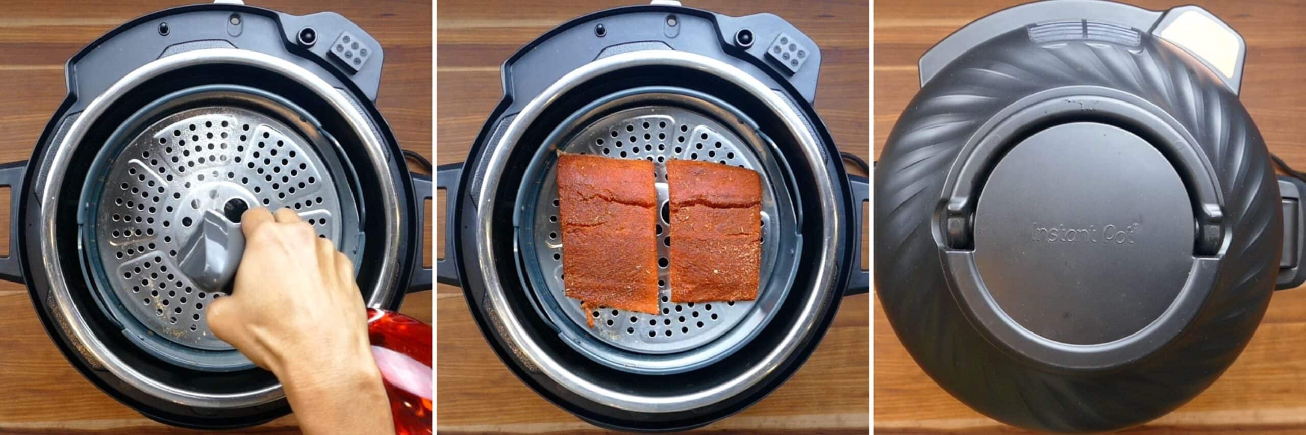 air fryer salmon instruction collage - spray basket, salmon in basket, air fryer closed
