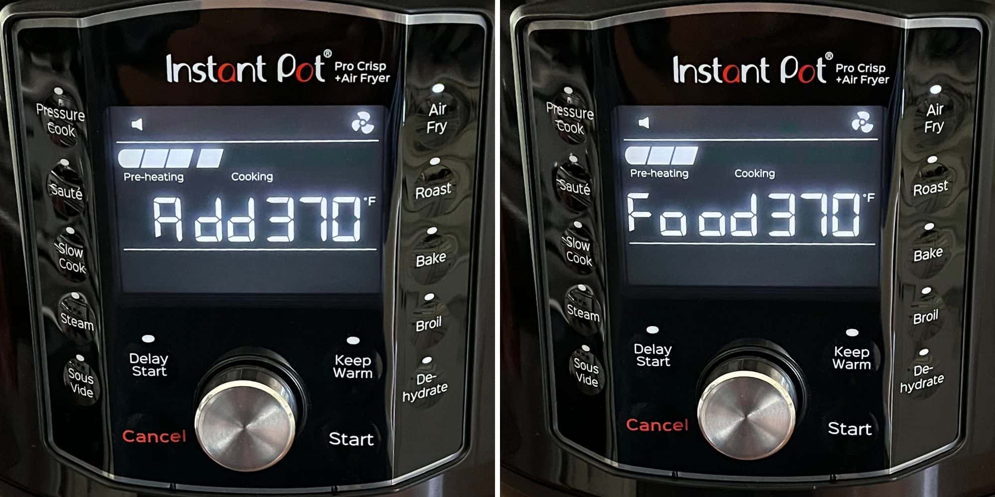 Instant Pot Pro Crisp collage with add food message