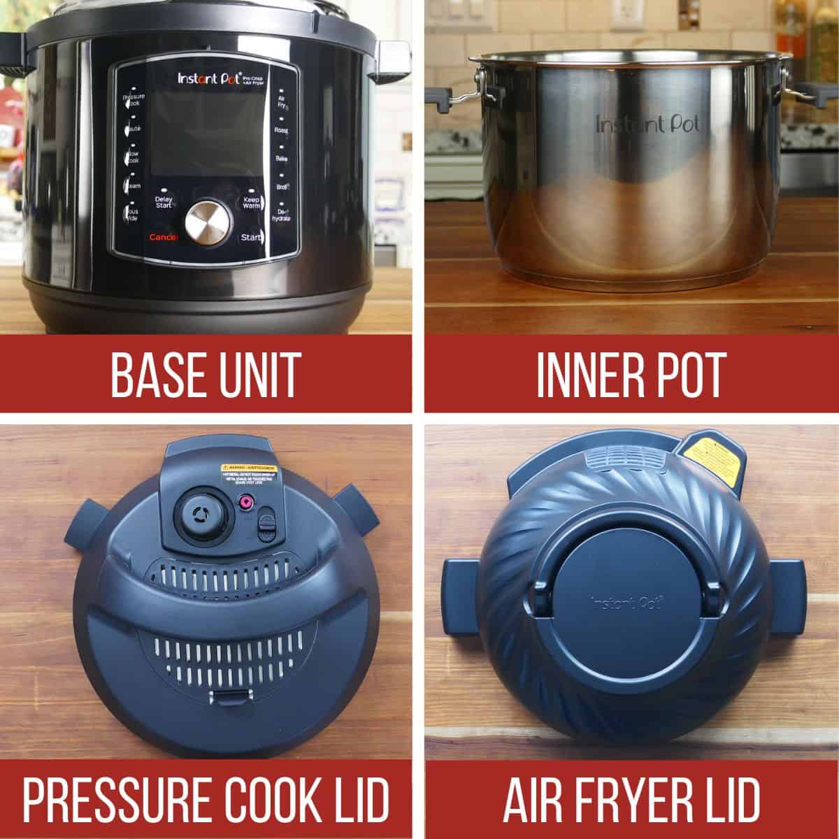 collage with instant pot pro crisp base unit, inner pot, pressure cook like, air fryer lid