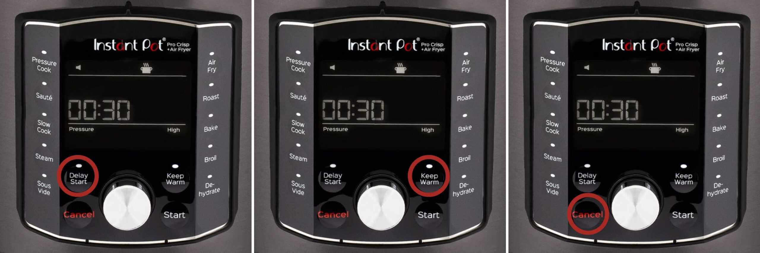 Instant Pot Pro collage - delay start and keep warm and cancel buttons circled