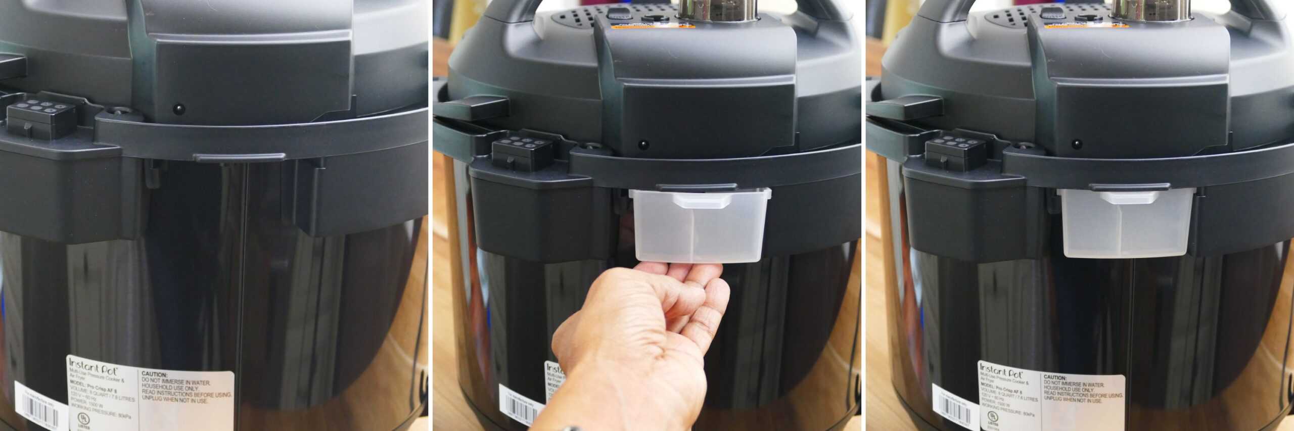 instant pot pro crisp collage - condensation collector being put in place