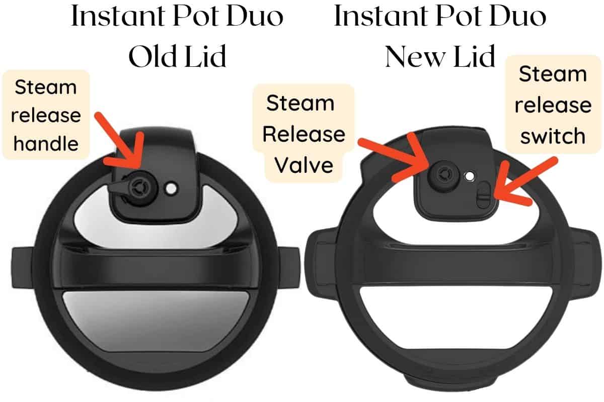 Instant Pot Duo old lid and new lid with arrows to steam release handle, valve, and switch