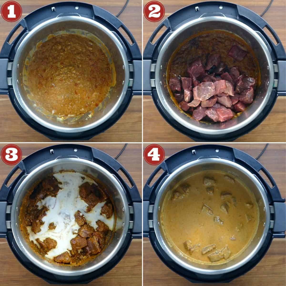 Instant Pot beef rendang collage - cooked sauce, beef, coconut milk, stirred