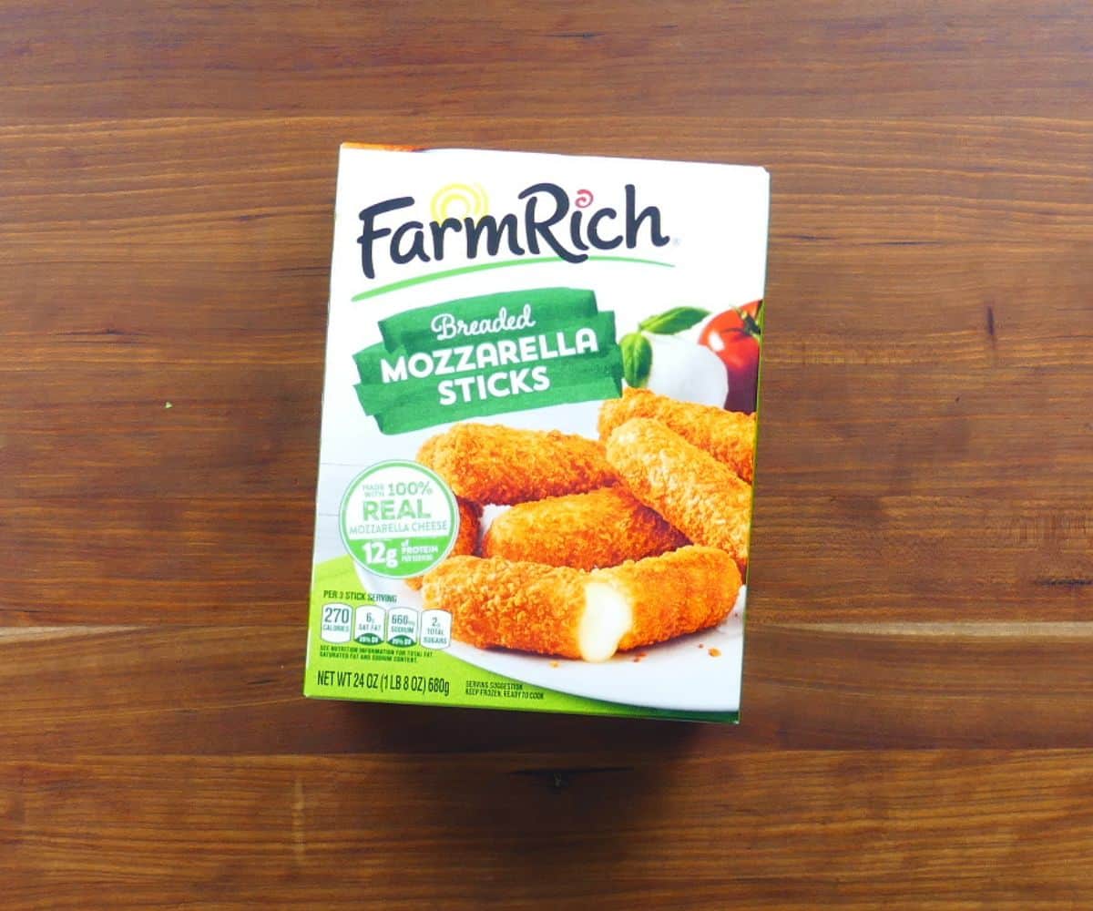 Farm Rich breaded mozzarella sticks in box