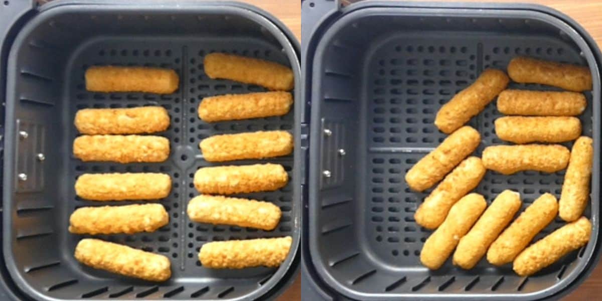 collage - frozen mozzarella sticks, cooked mozzarella sticks in air fryer basket