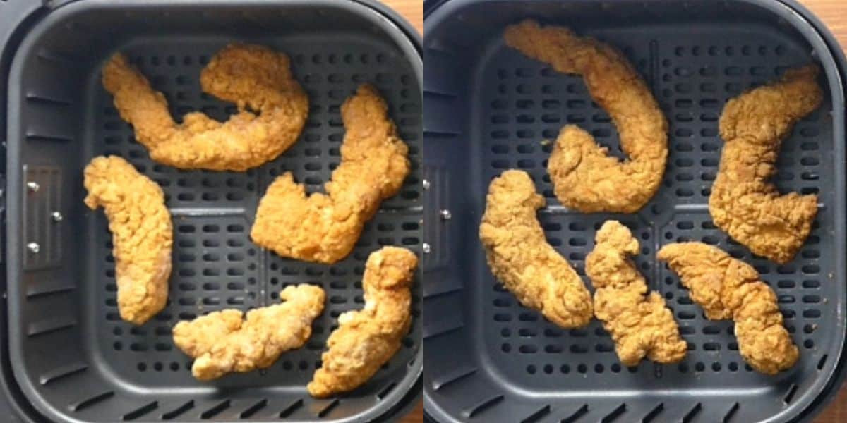 collage with frozen chicken tenders and cooked tenders in air fryer basket
